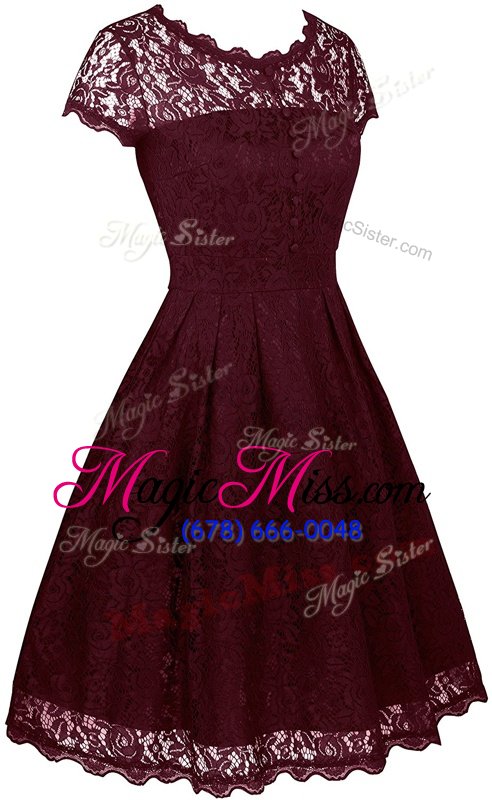 wholesale high class burgundy scalloped neckline lace homecoming dress short sleeves zipper