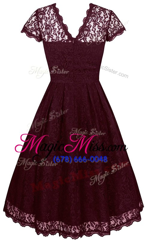 wholesale high class burgundy scalloped neckline lace homecoming dress short sleeves zipper