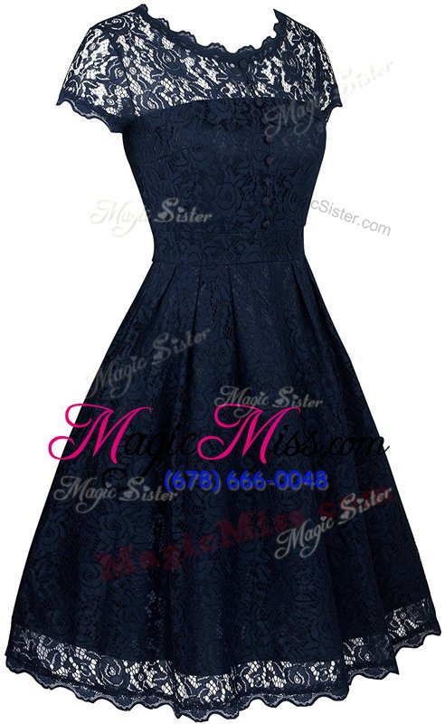 wholesale modest navy blue scalloped zipper lace mother of the bride dress short sleeves