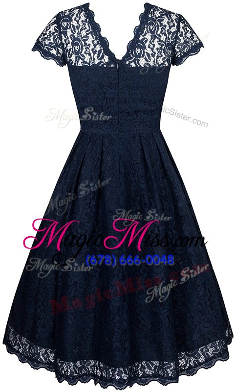 wholesale modest navy blue scalloped zipper lace mother of the bride dress short sleeves
