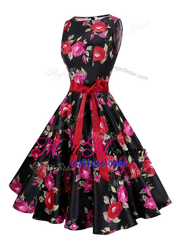 wholesale enchanting scoop knee length black homecoming dress chiffon sleeveless sashes|ribbons and pattern