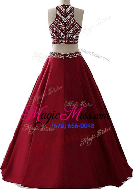 wholesale chiffon scoop sleeveless zipper beading prom evening gown in wine red