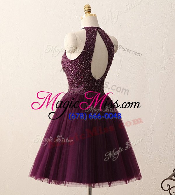 wholesale modest a-line prom party dress dark purple scoop chiffon sleeveless knee length zipper