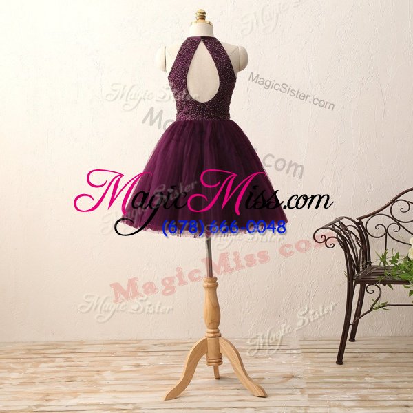 wholesale modest a-line prom party dress dark purple scoop chiffon sleeveless knee length zipper