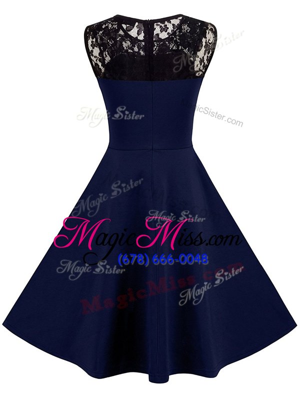 wholesale traditional satin scoop sleeveless zipper lace hoco dress in navy blue