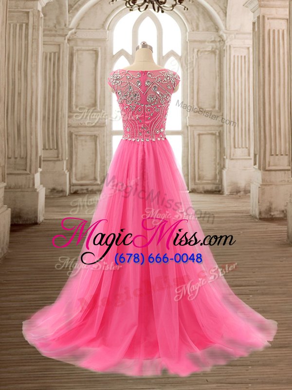 wholesale attractive hot pink a-line tulle scoop cap sleeves beading zipper evening dress brush train