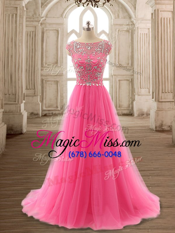 wholesale attractive hot pink a-line tulle scoop cap sleeves beading zipper evening dress brush train