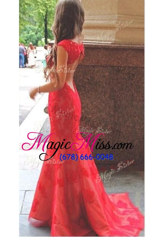 wholesale lovely mermaid scoop red cap sleeves sweep train lace and appliques with train evening gowns