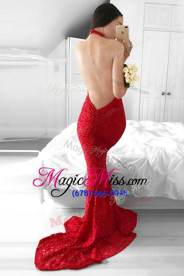 wholesale new style sweep train mermaid prom dress red halter top lace sleeveless backless