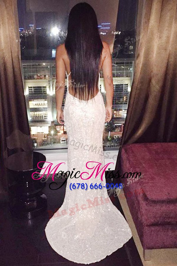 wholesale mermaid sequins white sleeveless sequined sweep train criss cross celebrity evening dresses for prom