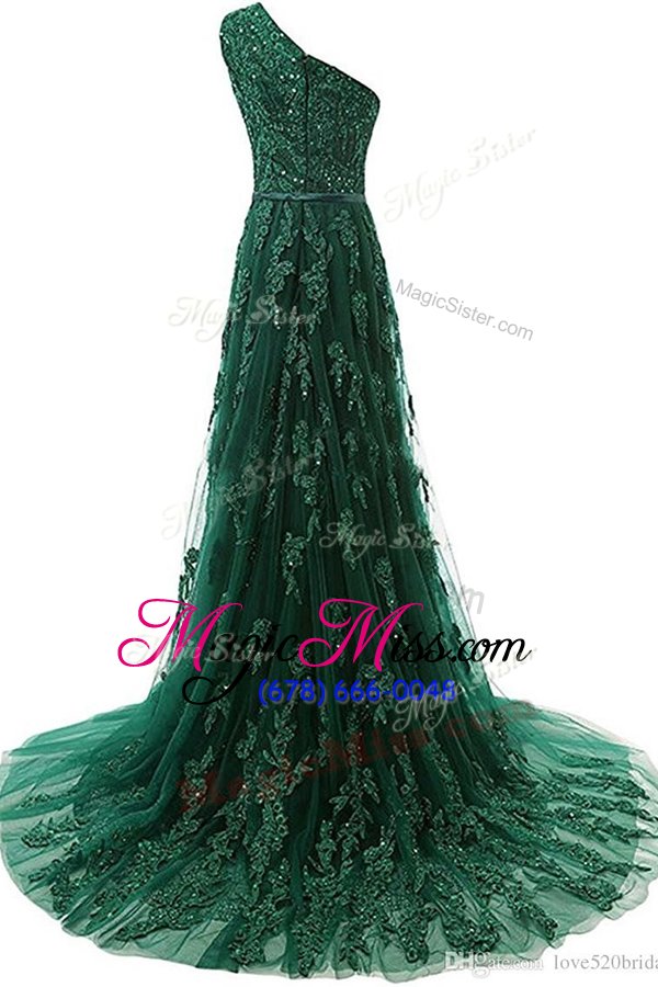 wholesale super dark green a-line one shoulder sleeveless tulle sweep train zipper beading and appliques