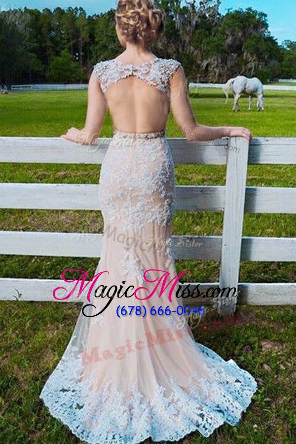 wholesale mermaid scoop sleeveless sweep train beading and appliques backless prom evening gown