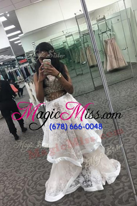 wholesale cute white a-line scoop sleeveless lace with train sweep train zipper beading and ruffles prom evening gown