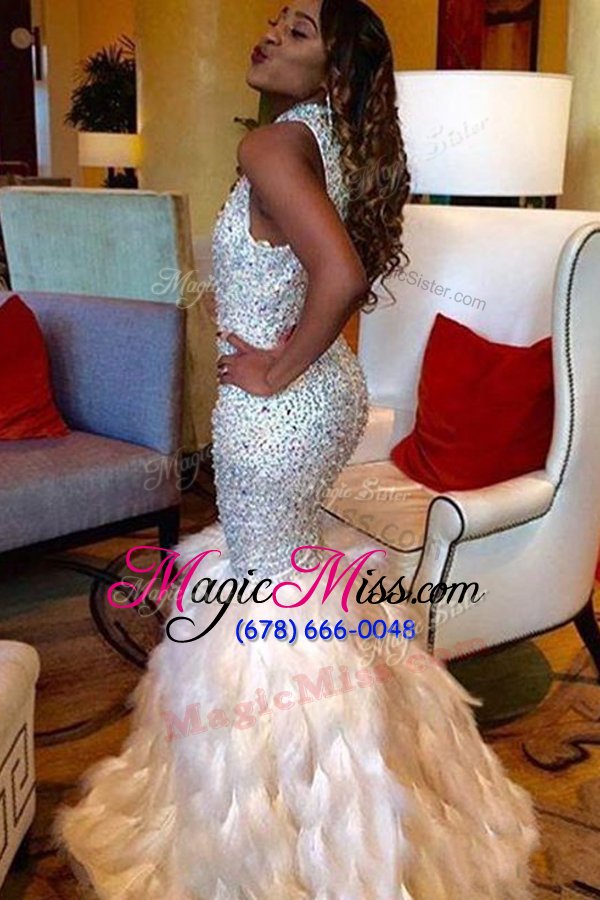 wholesale extravagant champagne mermaid high-neck sleeveless sequined floor length zipper beading dress for prom