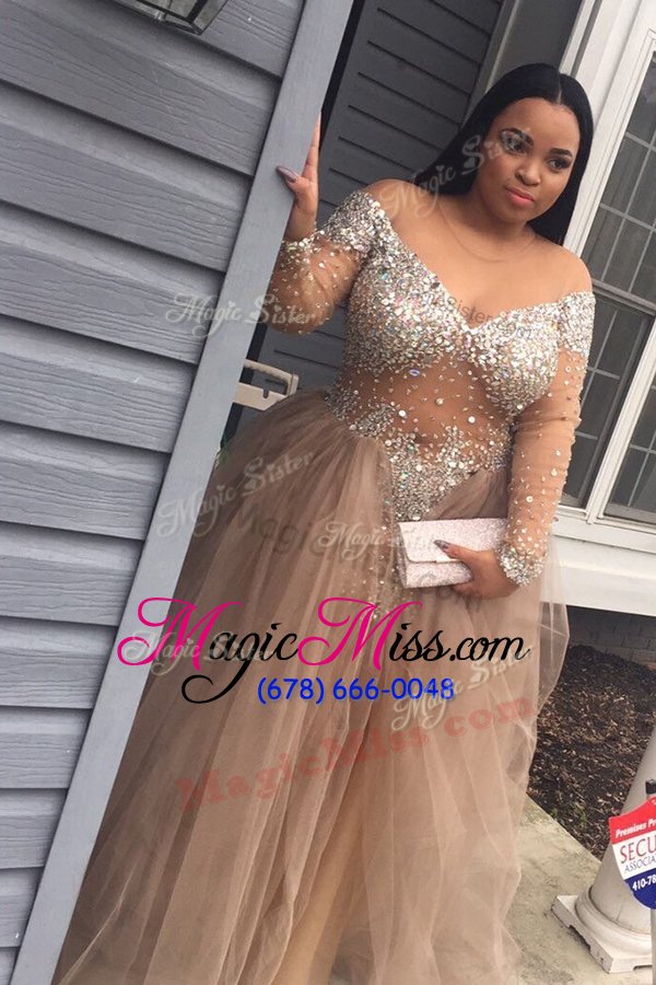 wholesale dynamic champagne a-line scoop long sleeves tulle sweep train zipper beading prom gown