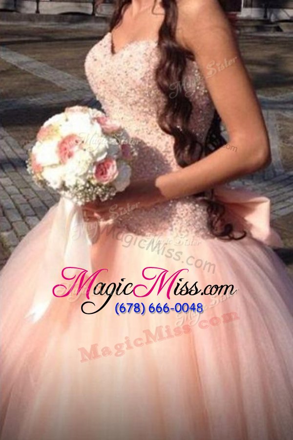 wholesale traditional floor length pink military ball dresses for women tulle sleeveless beading and sequins and bowknot