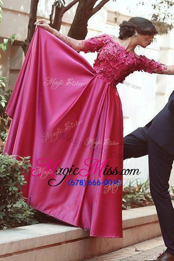 wholesale chic fuchsia zipper off the shoulder appliques homecoming dress satin long sleeves sweep train