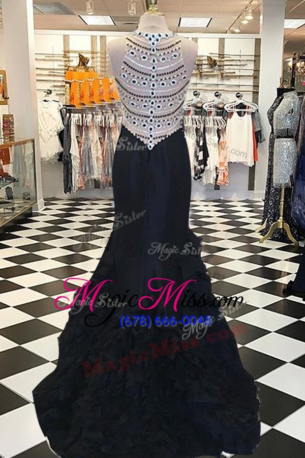 wholesale traditional mermaid scoop black sleeveless elastic woven satin sweep train side zipper prom party dress for prom