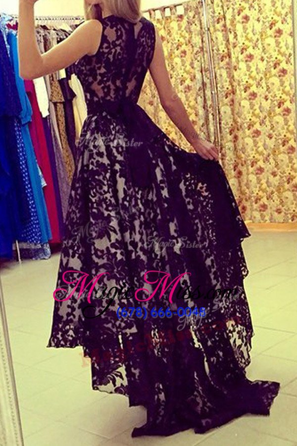 wholesale classical black a-line lace scoop sleeveless lace asymmetrical zipper evening dress