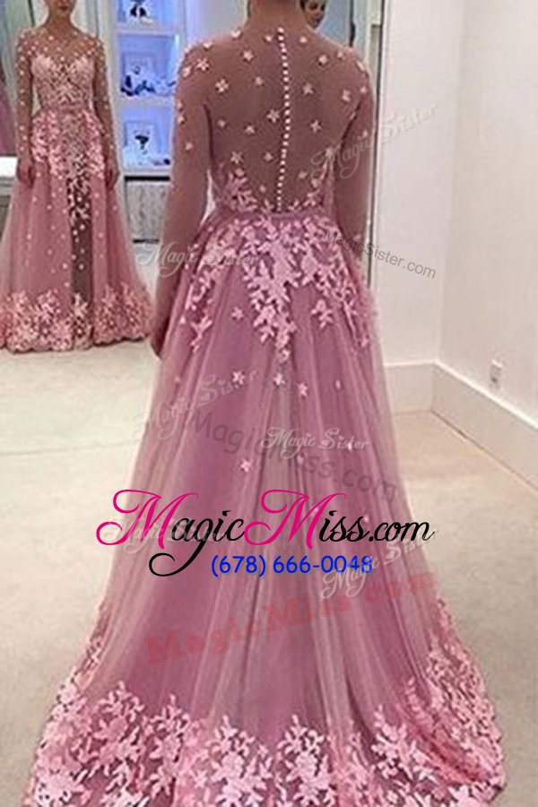 wholesale rose pink zipper evening dress appliques long sleeves with train sweep train