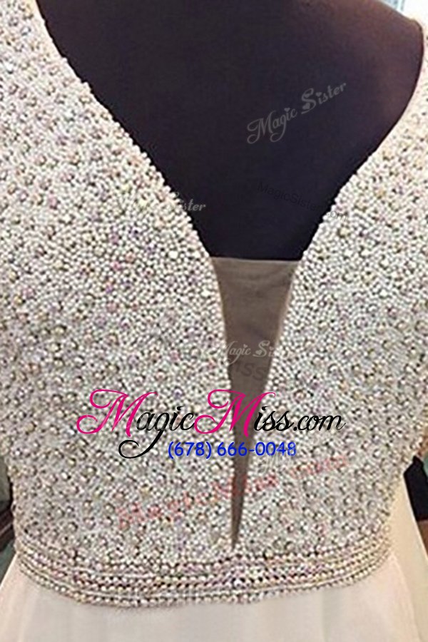 wholesale luxury white a-line v-neck sleeveless chiffon floor length zipper beading