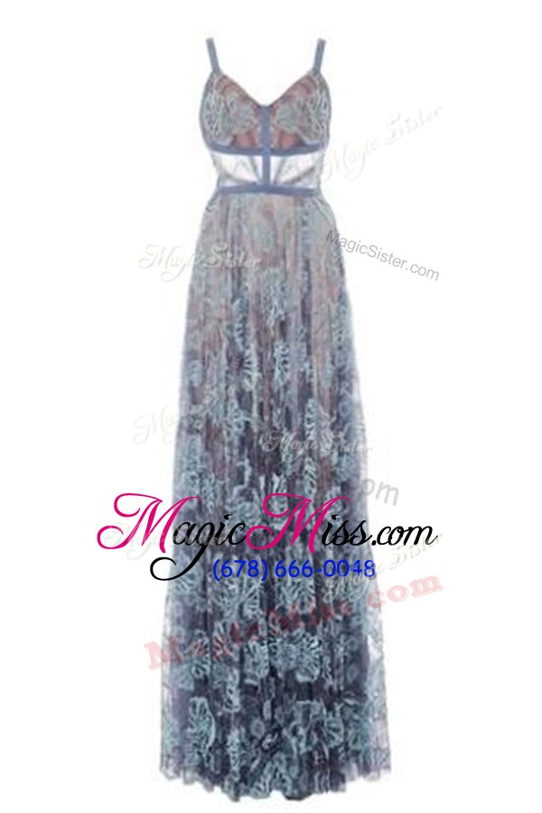 wholesale blue a-line spaghetti straps sleeveless lace floor length backless lace dress for prom