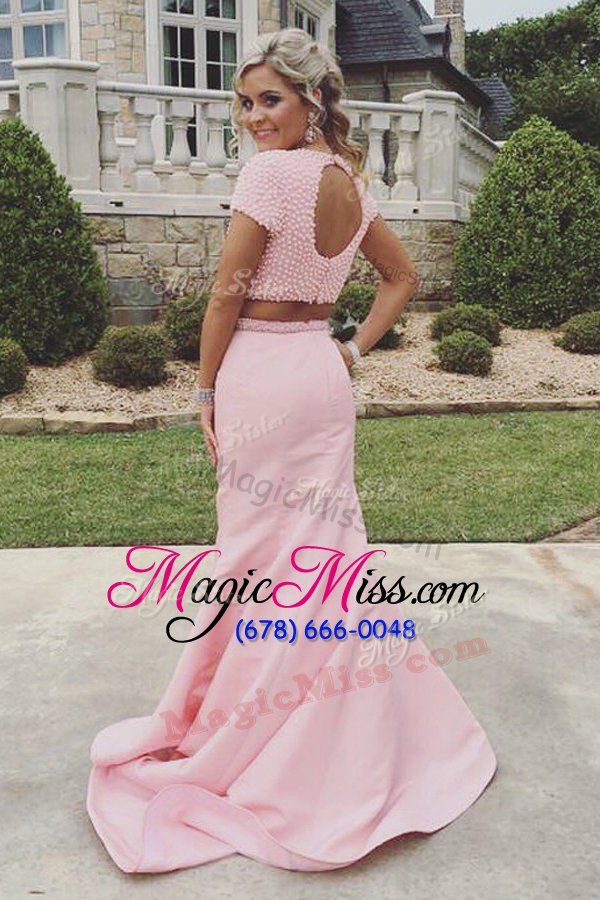 wholesale superior mermaid pink scoop neckline ruching prom gown sleeveless backless