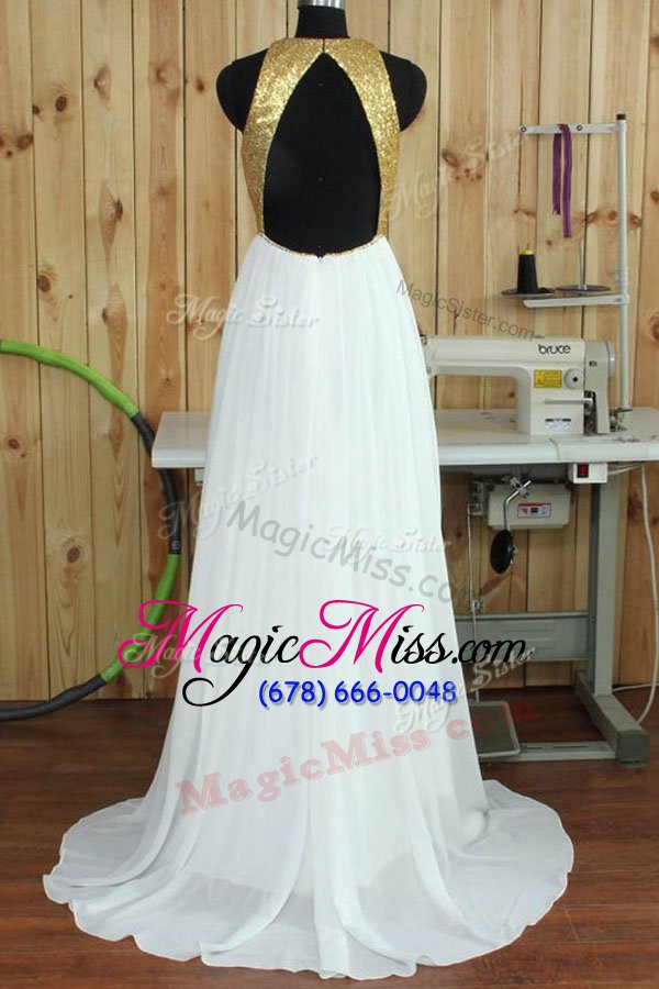 wholesale dramatic sequins white dress for prom scoop sleeveless sweep train backless