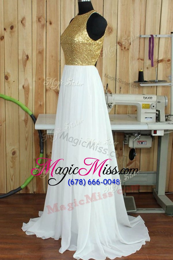 wholesale dramatic sequins white dress for prom scoop sleeveless sweep train backless