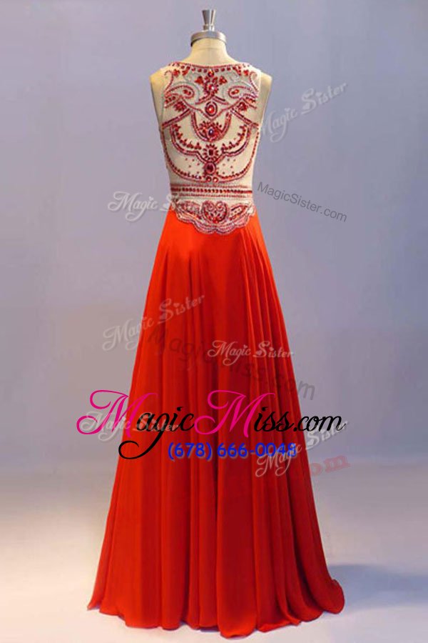 wholesale lovely chiffon scoop sleeveless side zipper beading and pleated prom dress in orange