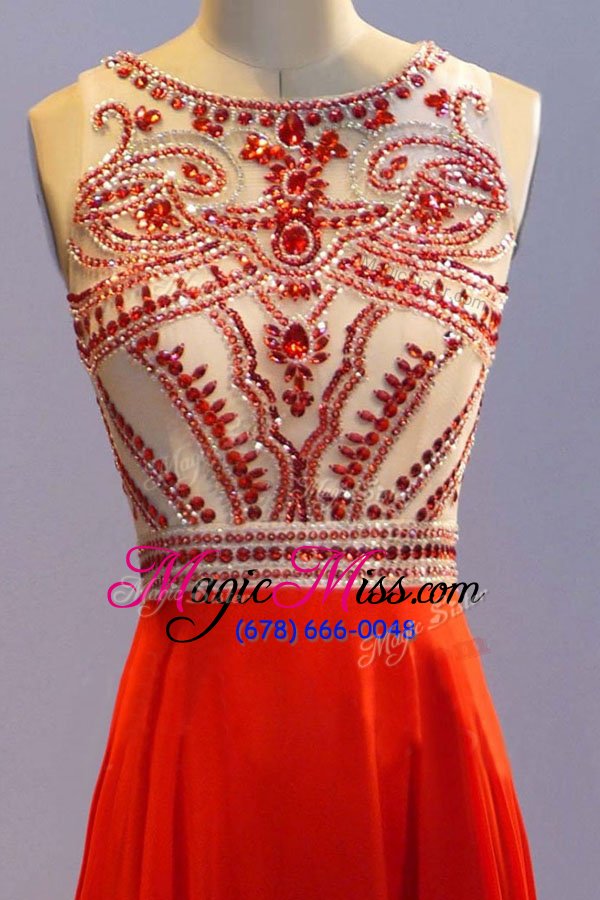 wholesale lovely chiffon scoop sleeveless side zipper beading and pleated prom dress in orange