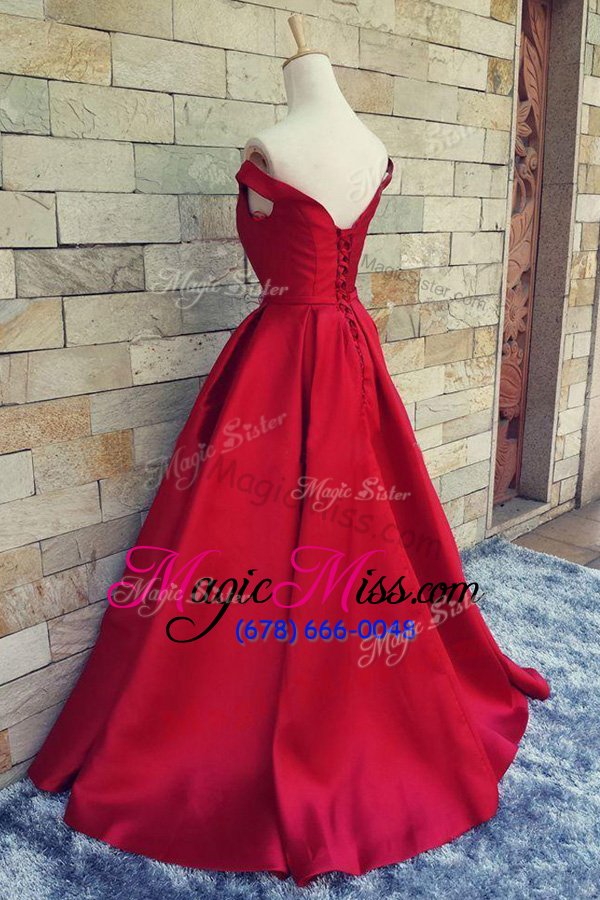wholesale custom designed satin off the shoulder short sleeves sweep train zipper sashes|ribbons and bowknot womens evening dresses in red