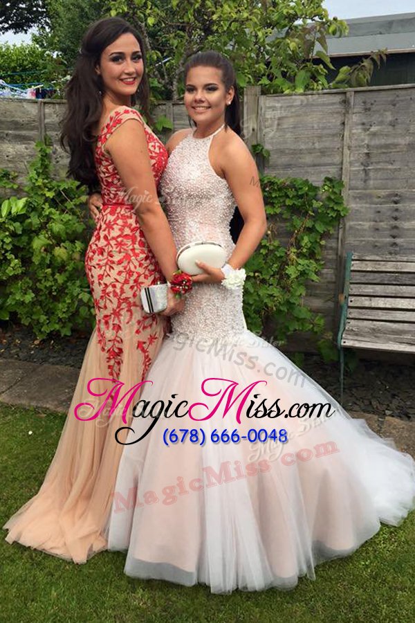 wholesale trendy mermaid pink halter top neckline beading and ruching pageant dresses sleeveless backless