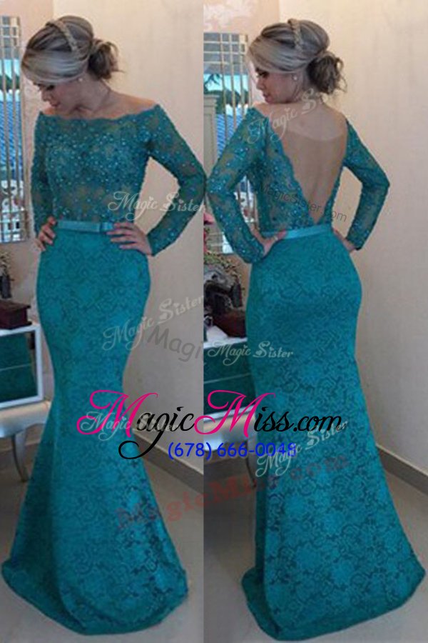 wholesale fabulous mermaid off the shoulder long sleeves mother of the bride dress floor length beading turquoise lace