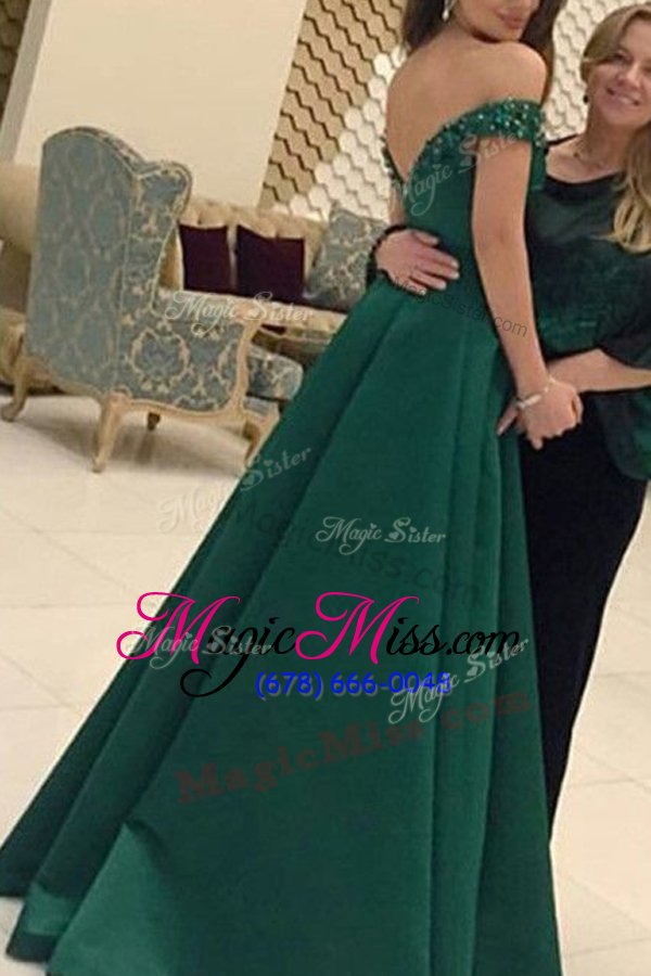 wholesale simple floor length dark green ball gown prom dress off the shoulder short sleeves zipper
