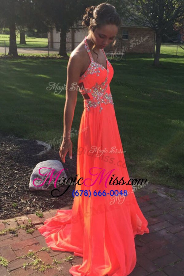 wholesale sexy halter top orange backless dress for prom beading sleeveless with train sweep train