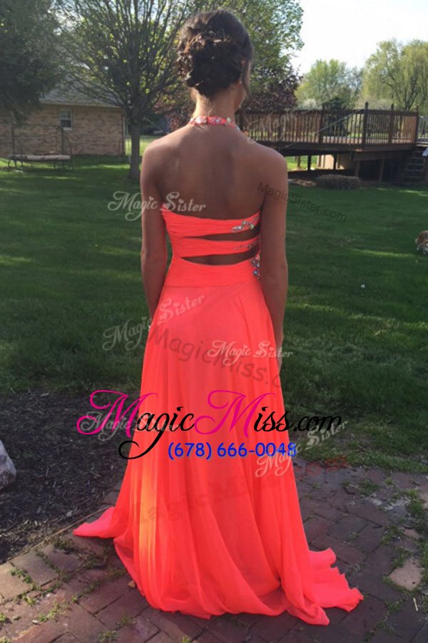 wholesale sexy halter top orange backless dress for prom beading sleeveless with train sweep train