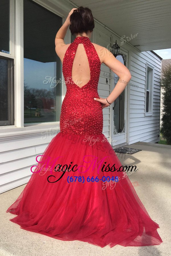 wholesale sequins floor length mermaid sleeveless red prom gown zipper