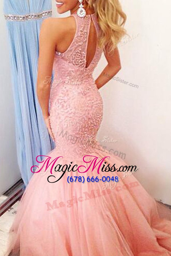 wholesale elegant mermaid scoop pink sleeveless tulle backless prom dress for prom and party