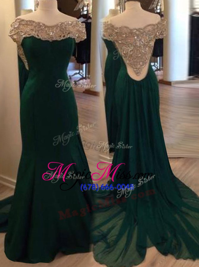 wholesale smart off the shoulder dark green column/sheath beading and pleated celebrity style dress side zipper chiffon short sleeves