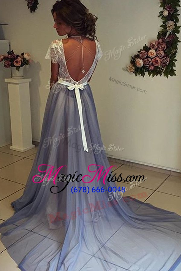 wholesale inexpensive blue a-line scoop cap sleeves chiffon court train backless lace and bowknot prom evening gown