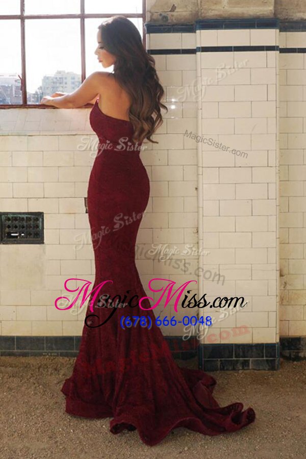 wholesale simple mermaid lace sweetheart sleeveless sweep train lace up lace dress for prom in burgundy