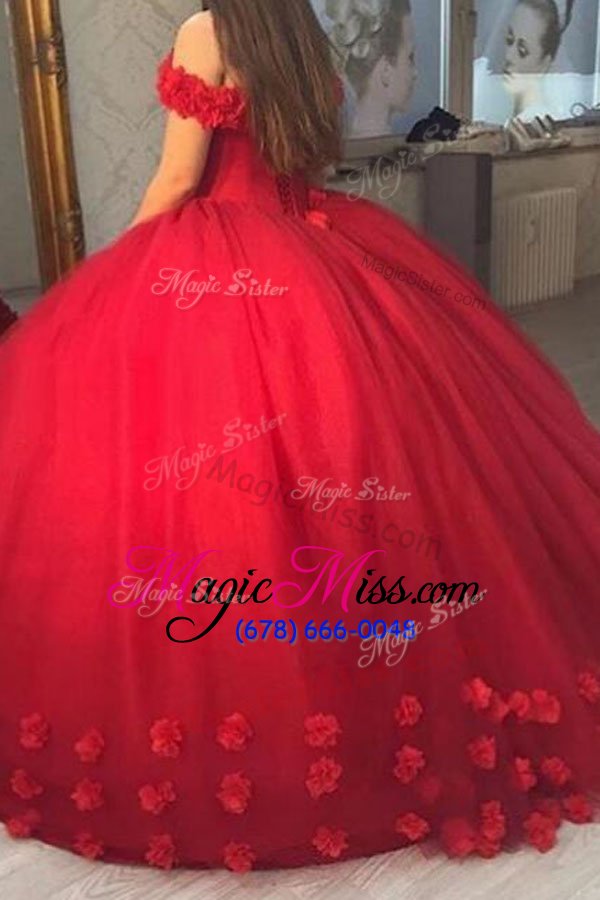 wholesale high class red ball gowns off the shoulder short sleeves tulle lace up hand made flower pageant dresses
