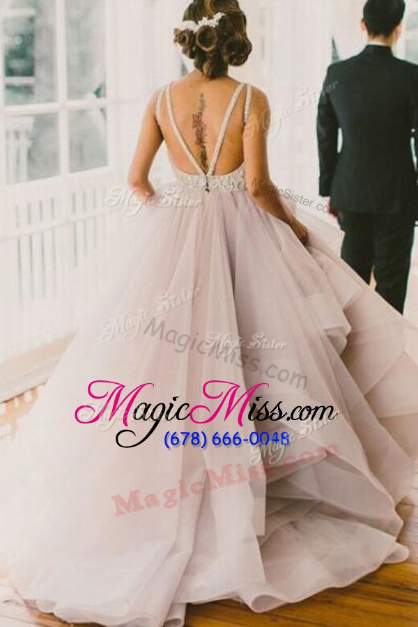 wholesale customized scoop champagne backless prom gown lace sleeveless with train sweep train