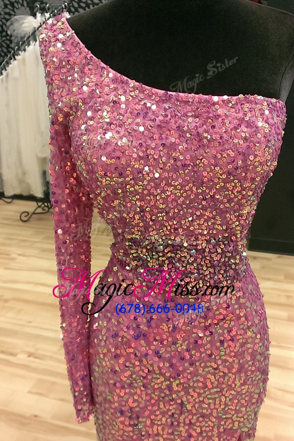 wholesale flare mermaid fuchsia one shoulder backless sequins going out dresses sweep train long sleeves