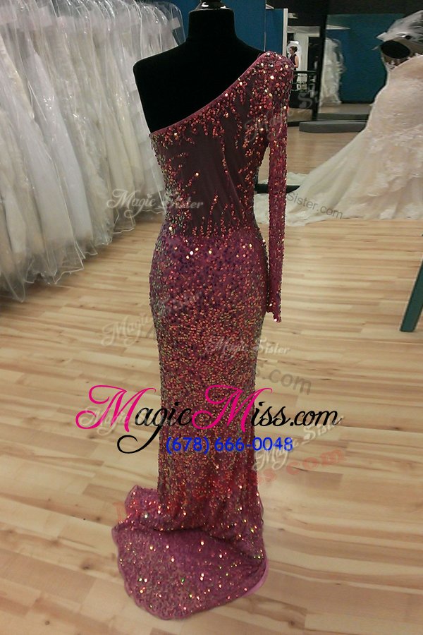 wholesale flare mermaid fuchsia one shoulder backless sequins going out dresses sweep train long sleeves