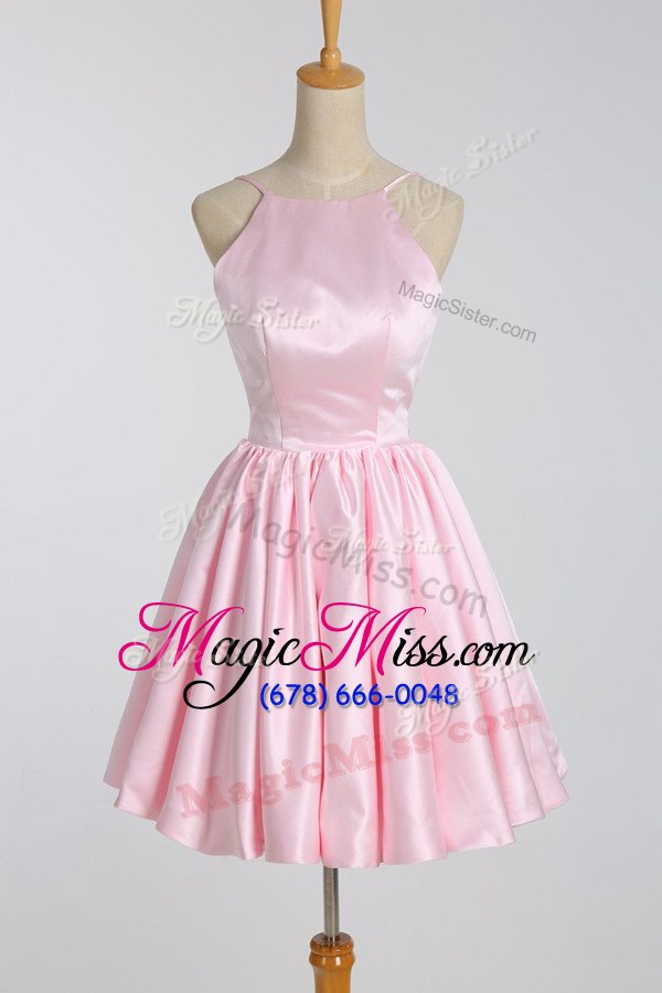 wholesale classical pink a-line ruching backless satin sleeveless mini length