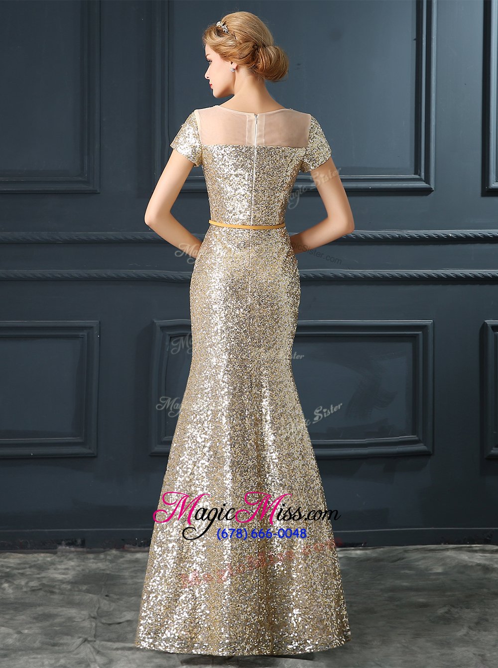 wholesale high quality mermaid scoop short sleeves satin prom dresses sequins and belt zipper