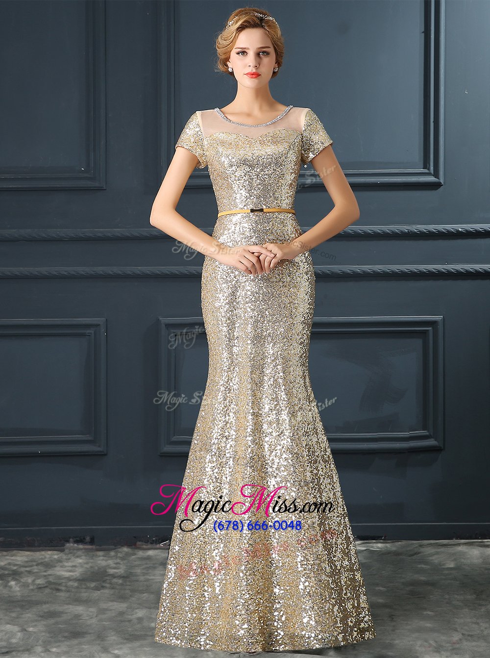 wholesale high quality mermaid scoop short sleeves satin prom dresses sequins and belt zipper