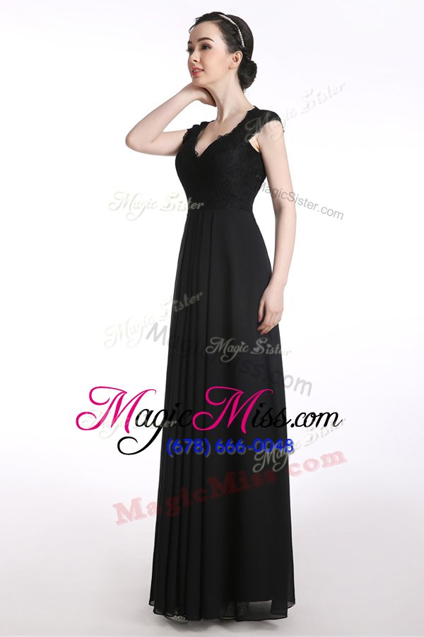 wholesale adorable black chiffon zipper v-neck cap sleeves floor length evening dress lace